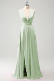 A-Line Dusty Blue V-Neck Backless Bridesmaid Dress with Slit