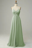 Spaghetti Straps Dusty Sage Sleeveless Bridesmaid Dress