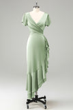 Peacock V-Neck Satin Sheath Wedding Guest Dress with Ruffles