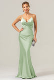 Dusty Blue Mermaid Spaghetti Straps Hollow Out Twist Front Bridesmaid Dress