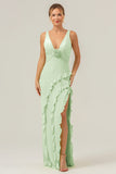 Mermaid Terracotta Deep V Neck Backless Long Bridesmaid Dress with Slit