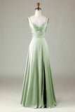 Dusty Sage Keyhole Spaghetti Straps Bridesmaid Dress with Slit