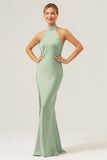 Dusty Blue Mermaid Halter Long Bridesmaid Dress with Slit