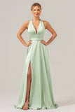 A Line Terracotta V-Neck Backless Satin Long Bridesmaid Dress with Slit