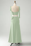 A-Line Dusty Dage Spaghetti Straps Floor Length Wedding Guest Dress with Slit