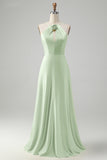 Halter A-Line Dusty Sage Cut Out Long Bridesmaid Dress with Flower