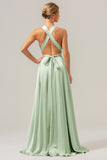 A Line Terracotta V-Neck Backless Satin Long Bridesmaid Dress with Slit