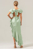 A Line Dusty Sage V Neck Satin Asymmetrical Bridesmaid Dress with Slit