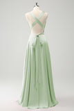 A-Line Dusty Sage V-Neck Backless Bridesmaid Dress with Slit