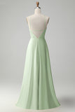 Halter A-Line Dusty Sage Cut Out Long Bridesmaid Dress with Flower