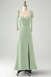 A-Line Dusty Dage Spaghetti Straps Floor Length Wedding Guest Dress with Slit