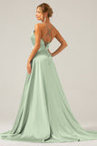 A Line Dusty Sage Spaghetti Straps Satin Formal Dress with Slit