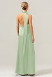 Dusty Sage Sheath V-Neck Backless Long Bridesmaid Dress with Slit