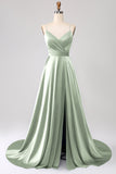 A Line Dusty Sage Spaghetti Straps Satin Formal Dress with Slit