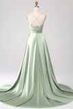 A Line Dusty Sage Spaghetti Straps Satin Formal Dress with Slit