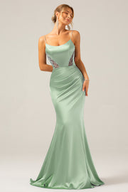 Dusty Sage Spaghetti Straps Mermaid Satin Long Formal Dress