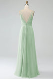 Dusty Rose A-Line Spaghetti Straps Pleated Chiffon Long Bridesmaid Dress