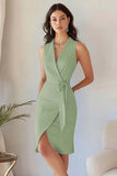 Bodycon Sky Blue Satin V Neck Midi Work Dress with Sash