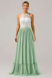 Keyhole Dusty Sage Halter Chiffon Boho Long Bridesmaid Dress with Lace