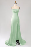 Dusty Sage Mermaid Spaghetti Straps Satin Formal Dress with Slit