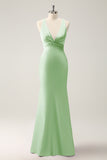 Dusty Sage Mermaid V Neck Satin Long Bridesmaid Dress