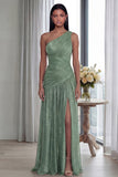 Glitter Pleated A Line Golden Long One Shoulder Formal Dress with Slit