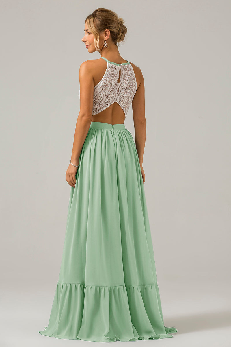 Load image into Gallery viewer, Keyhole Dusty Sage Halter Chiffon Boho Long Bridesmaid Dress with Lace
