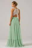 Keyhole Dusty Sage Halter Chiffon Boho Long Bridesmaid Dress with Lace