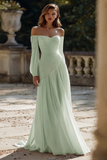 Ivory Pleated A Line Off The Shoulder Sweep Train Wedding Dress