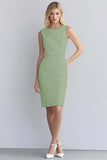 Ivory Satin Bodycon Round Neck Ruched Midi Work Dress