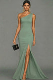 Black Satin Mermaid One Shoulder Long Formal Dress with Slit