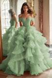 Black Princess Off The Shoulder Tiered Ruffled Long Prom Dress