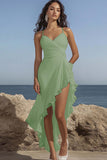 White Chiffon Spaghetti Straps Ruffled Asymmetrical A Line Graduation Dress