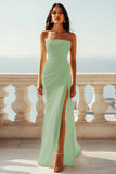 Chiffon Ivory Ruched Strapless Long Boho Formal Dress with Slit