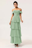 Eucalyptus A Line Off the Shoulder Tiered  Pleated Long Bridesmaid Dress with Slit