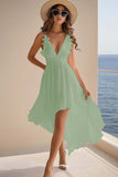 White Chiffon A Line Ruffled V Neck High-Low Graduation Dress