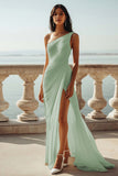 Chiffon Dark Navy One Shoulder Maxi Sheath Boho Formal Dress with Slit
