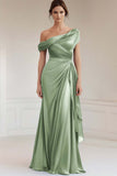 Grey Blue Mermaid One Shoulder Ruched Satin Long Mother of the Bride Dress with Ruffles