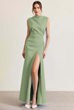 Burgundy Satin Boat Neck Long Sheath Formal Dress with Slit