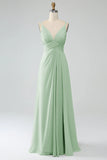 Dusty Blue A-Line Spaghetti Straps Pleated Chiffon Long Bridesmaid Dress