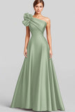 Black A-Line Ruffled One Shoulder Satin Long Formal Dress