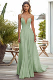 Pink Chiffon A Line Spaghetti Straps Pleated Long Wedding Guest Dress