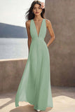 Ivory Pleated Chiffon Deep V-Neck Maxi Boho Formal Dress