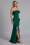 Burgundy Ruffled Chiffon Strapless Long Formal Dress with Slit