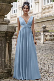 Dusty Blue A Line V Neck Chiffon Long Bridesmaid Dress with Lace Up Back