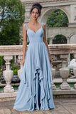 Dusty Blue A Line Spaghetti Straps Long Bridesmaid Dress with Ruffles