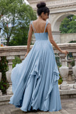 Dusty Sage A Line Spaghetti Straps Long Bridesmaid Dress with Ruffles