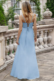 A Line Spaghetti Straps Dusty Blue Long Bridesmaid Dress with Lace Up Back