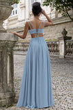 Dusty Blue A Line V Neck Chiffon Long Bridesmaid Dress with Lace Up Back