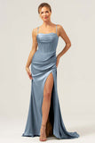 Sage Mermaid Spaghetti Straps Corset Satin Bridesmaid Dress with Slit